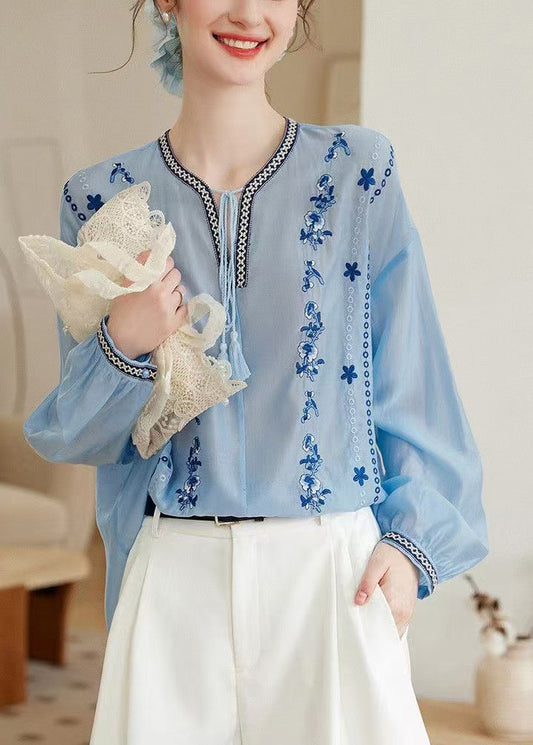 Plus Size Blue Embroidered Lace Up Chiffon Shirt Tops Long Sleeve