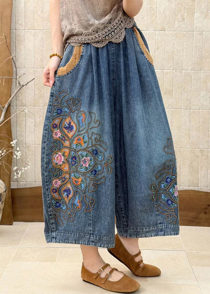 Plus Size Blue Embroidered Pockets Elastic Waist Crop Jeans Fall