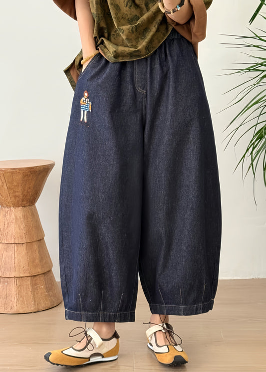 Plus Size Blue Embroidered Pockets Patchwork Denim Lantern Pants Fall