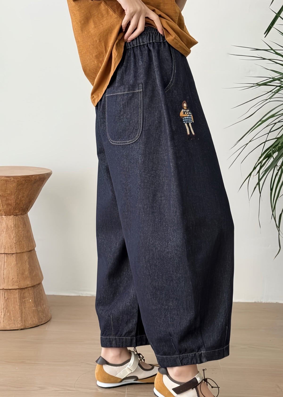 Plus Size Blue Embroidered Pockets Patchwork Denim Lantern Pants Fall