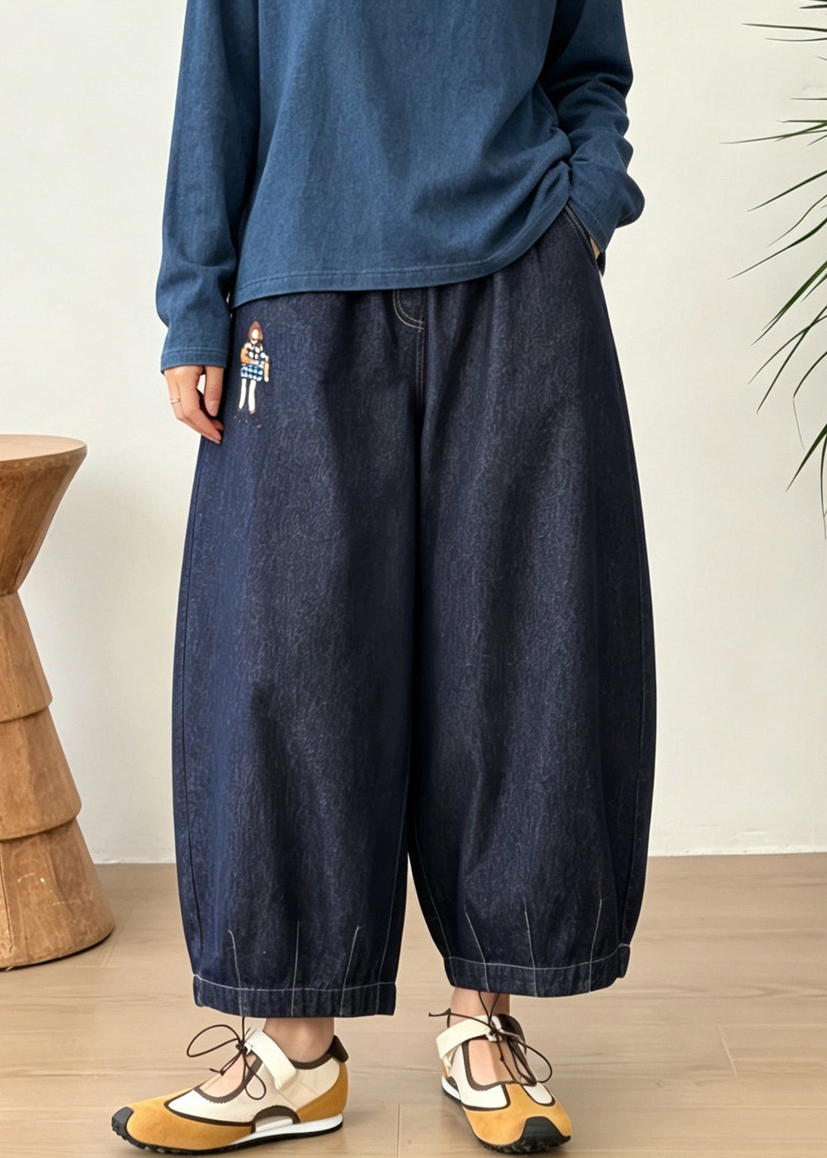 Plus Size Blue Embroidered Pockets Patchwork Denim Lantern Pants Fall