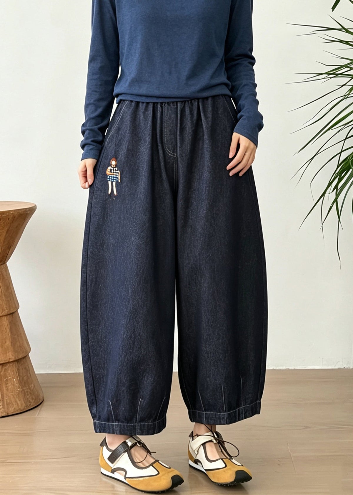 Plus Size Blue Embroidered Pockets Patchwork Denim Lantern Pants Fall
