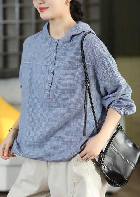 Plus Size Blue Hooded Plaid Cotton Shirts Top Fall