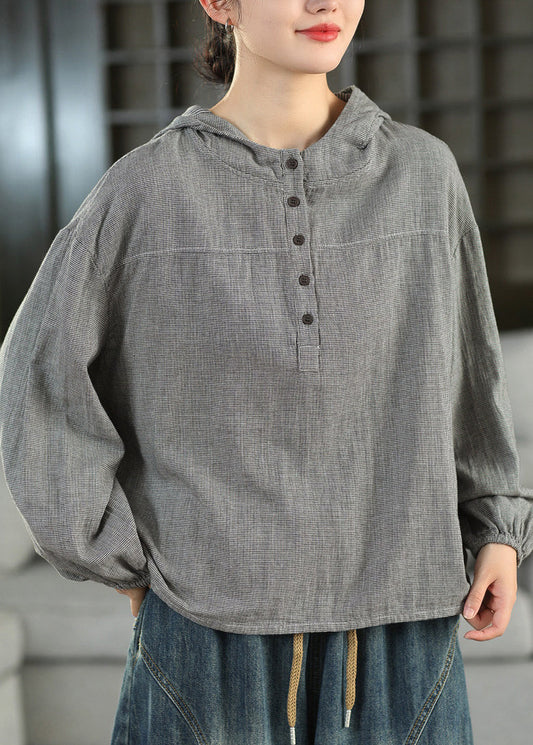 Plus Size Blue Hooded Plaid Cotton Shirts Top Fall