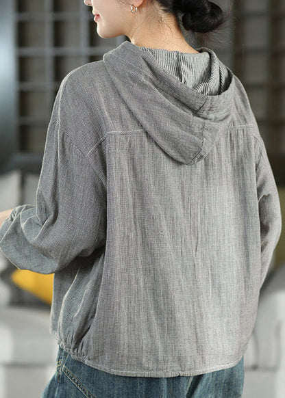 Plus Size Blue Hooded Plaid Cotton Shirts Top Fall