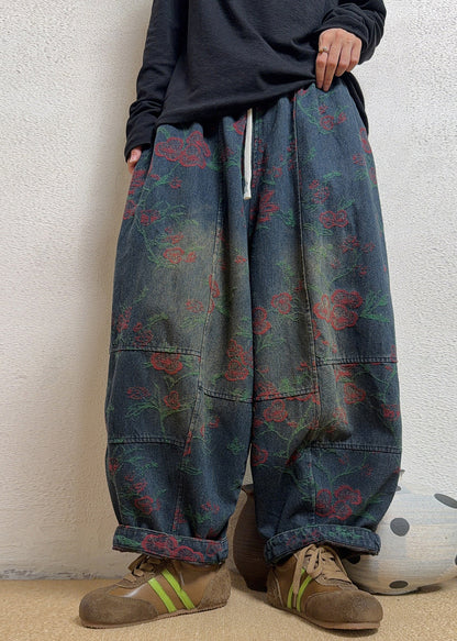 Plus Size Blue Jacquard Pockets Patchwork Denim Pants Fall