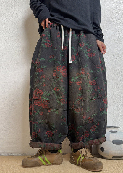 Plus Size Blue Jacquard Pockets Patchwork Denim Pants Fall