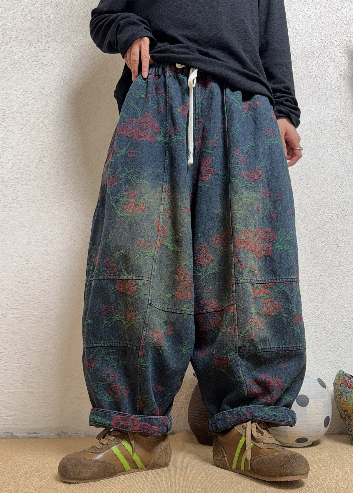 Plus Size Blue Jacquard Pockets Patchwork Denim Pants Fall