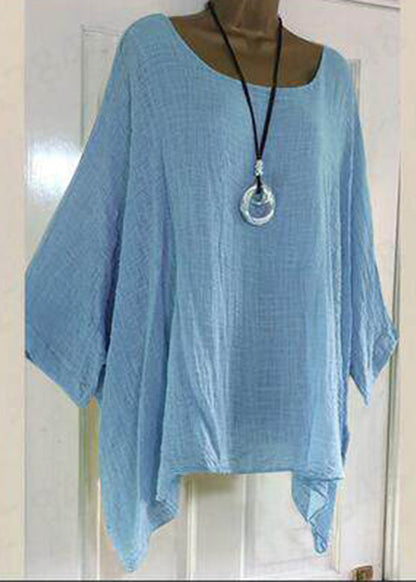Plus Size Blue O-Neck Asymmetrical Solid T Shirts Half Sleeve
