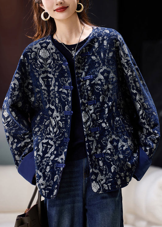 Plus Size Blue O Neck Jacquard Oriental Button Cotton Coat Spring