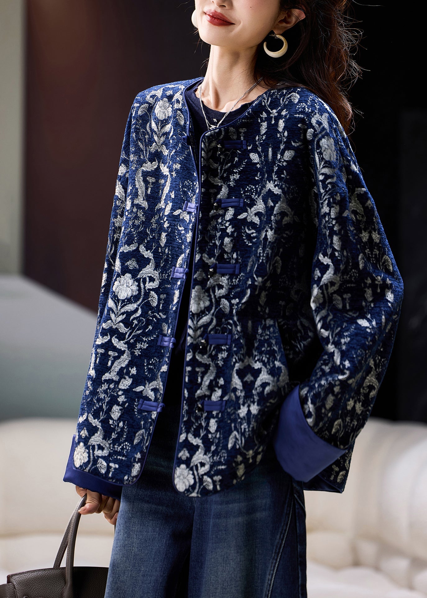 Plus Size Blue O Neck Jacquard Oriental Button Cotton Coat Spring