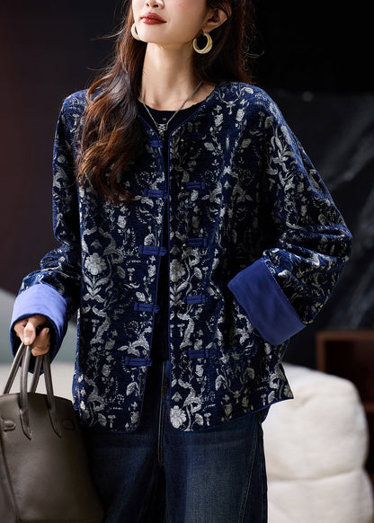 Plus Size Blue O Neck Jacquard Oriental Button Cotton Coat Spring