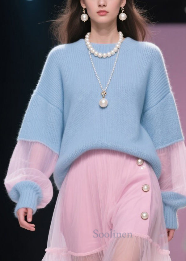 Plus Size Blue O Neck Patchwork Knit Short Sweater Winter