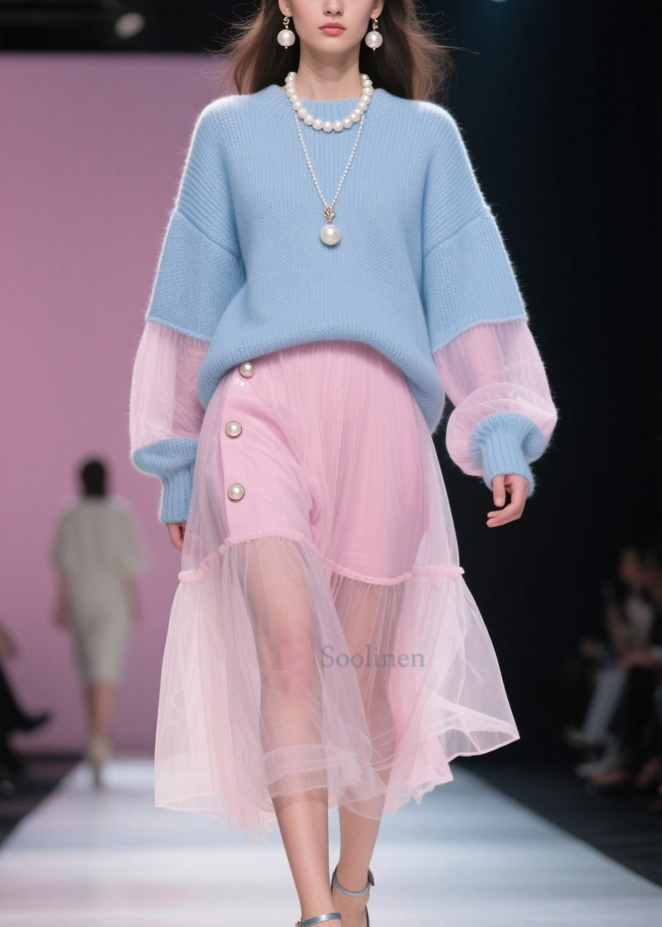 Plus Size Blue O Neck Patchwork Knit Short Sweater Winter