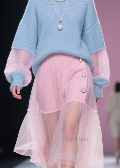 Plus Size Blue O Neck Patchwork Knit Short Sweater Winter