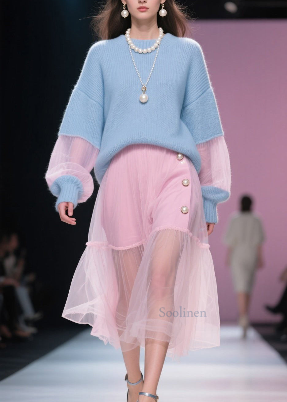 Plus Size Blue O Neck Patchwork Knit Short Sweater Winter