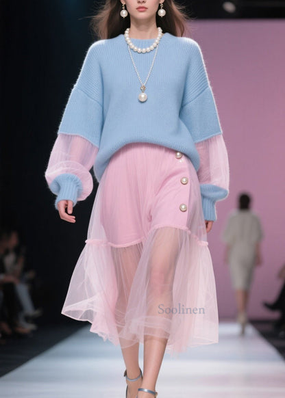 Plus Size Blue O Neck Patchwork Knit Short Sweater Winter