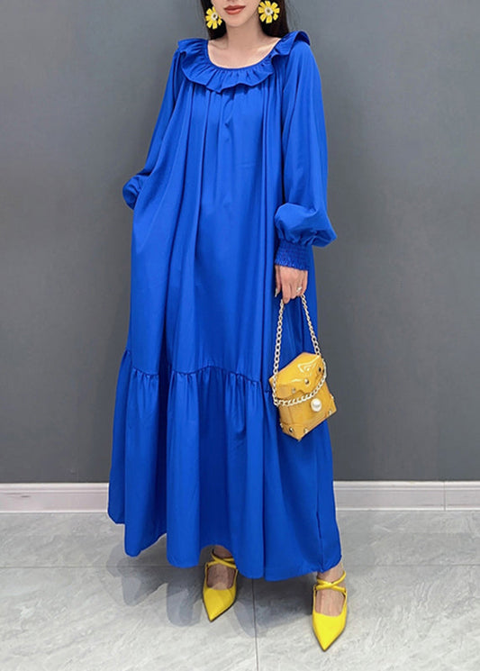 Plus Size Blue O-Neck Patchwork Long Dress Lantern Sleeve