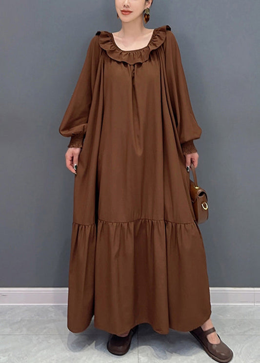 Plus Size Blue O-Neck Patchwork Long Dress Lantern Sleeve