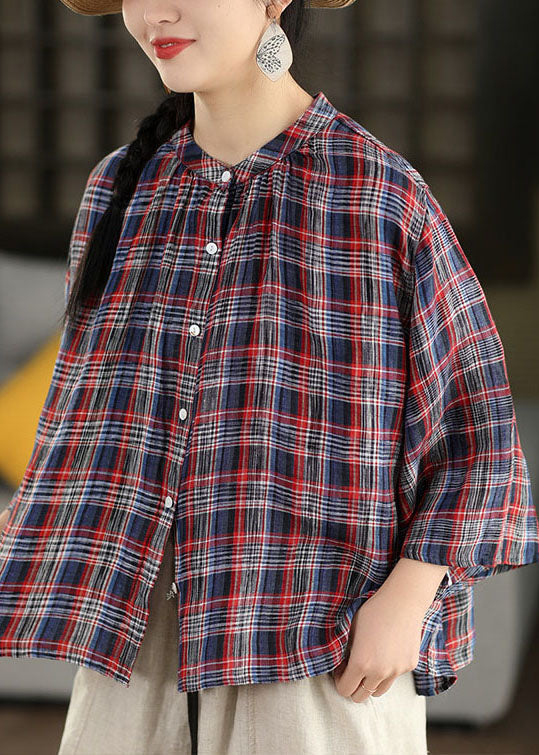 Plus Size Blue O Neck Plaid Linen Top Flare Sleeve