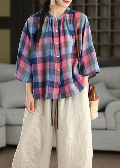 Plus Size Blue O Neck Plaid Linen Top Flare Sleeve