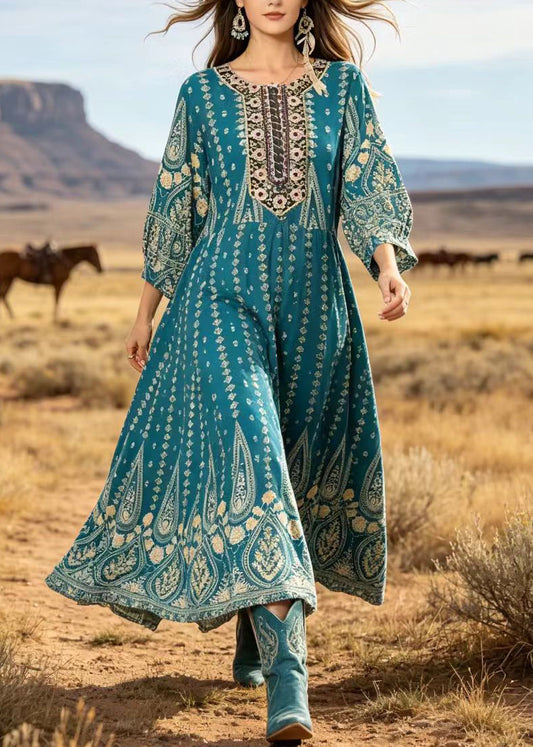 Plus Size Blue O Neck Print Cotton Ankle Dress Summer