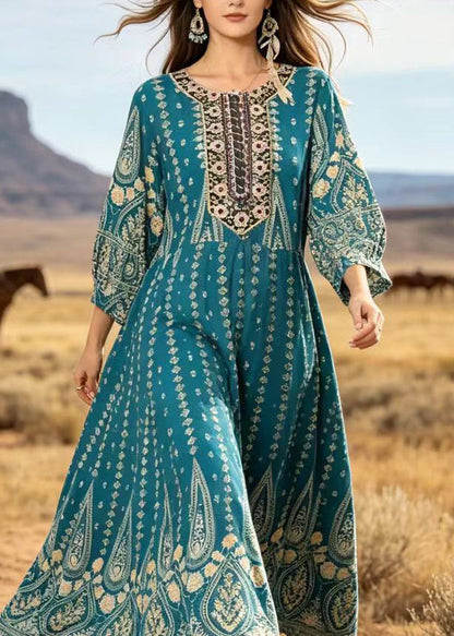 Plus Size Blue O Neck Print Cotton Ankle Dress Summer