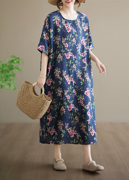 Plus Size Blue O-Neck Print Maxi Dresses Summer