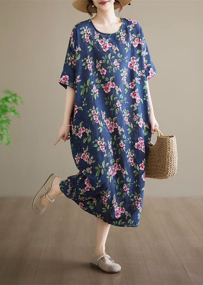 Plus Size Blue O-Neck Print Maxi Dresses Summer