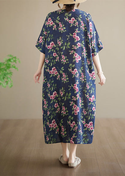 Plus Size Blue O-Neck Print Maxi Dresses Summer