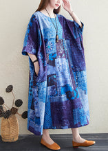 Load image into Gallery viewer, Plus Size Blue O Neck Print Pockets Cotton Long Dress Summer