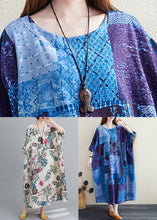 Load image into Gallery viewer, Plus Size Blue O Neck Print Pockets Cotton Long Dress Summer