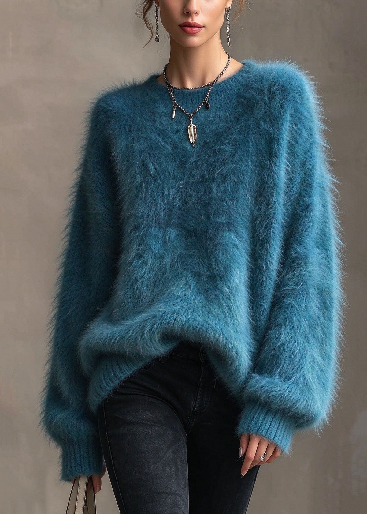 Plus Size Blue O Neck Thick Mink Hair Knitted Sweaters Fall