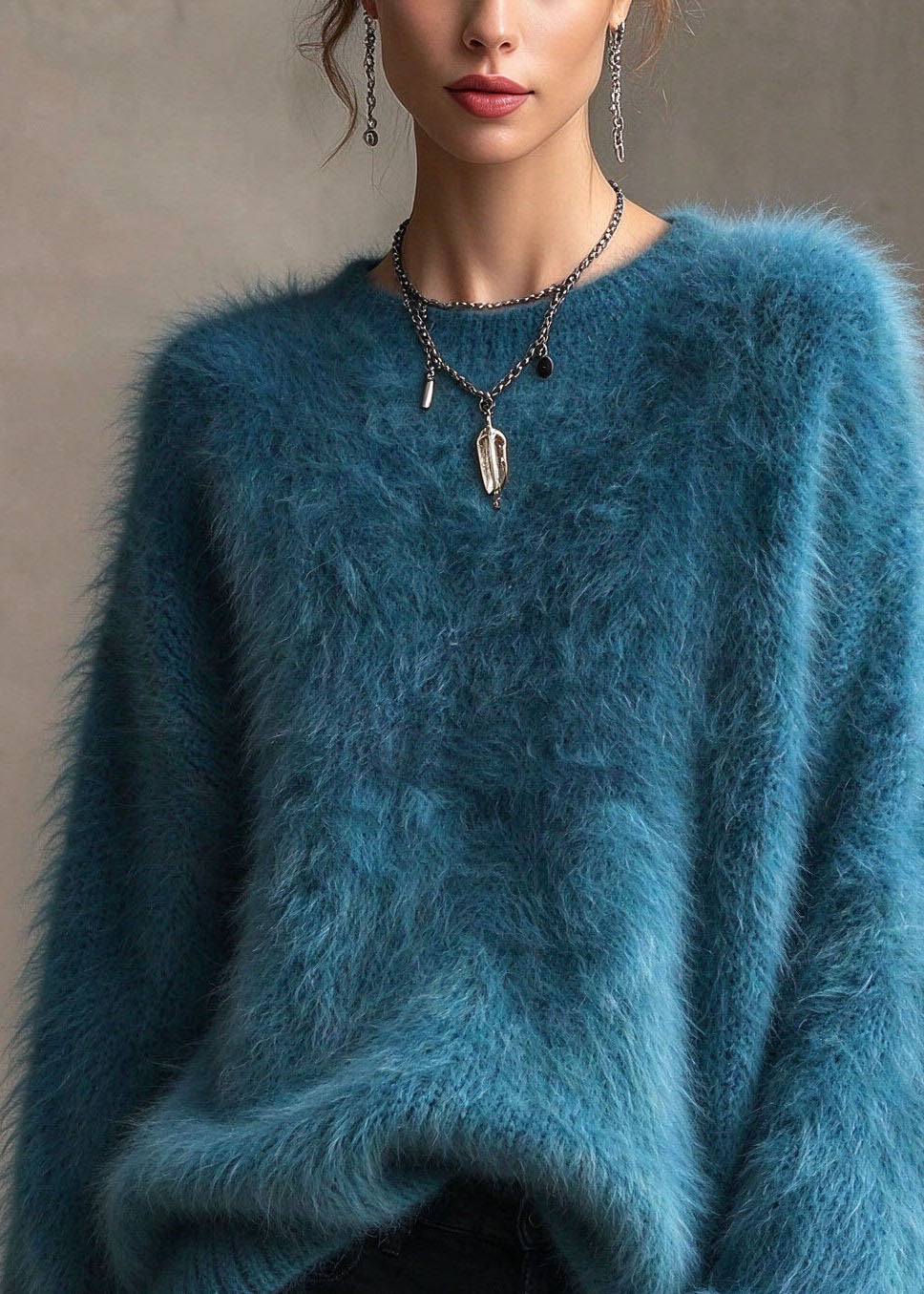 Plus Size Blue O Neck Thick Mink Hair Knitted Sweaters Fall