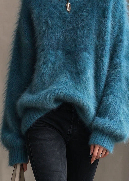 Plus Size Blue O Neck Thick Mink Hair Knitted Sweaters Fall