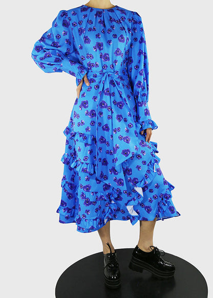 Plus Size Blue O-Neck tie waist Ruffled print Dress Spring