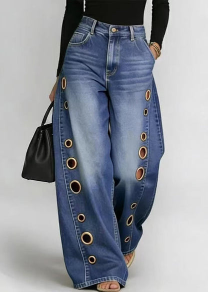 Plus Size Blue Oversized Hollow Out Denim Wide Leg Pants Fall