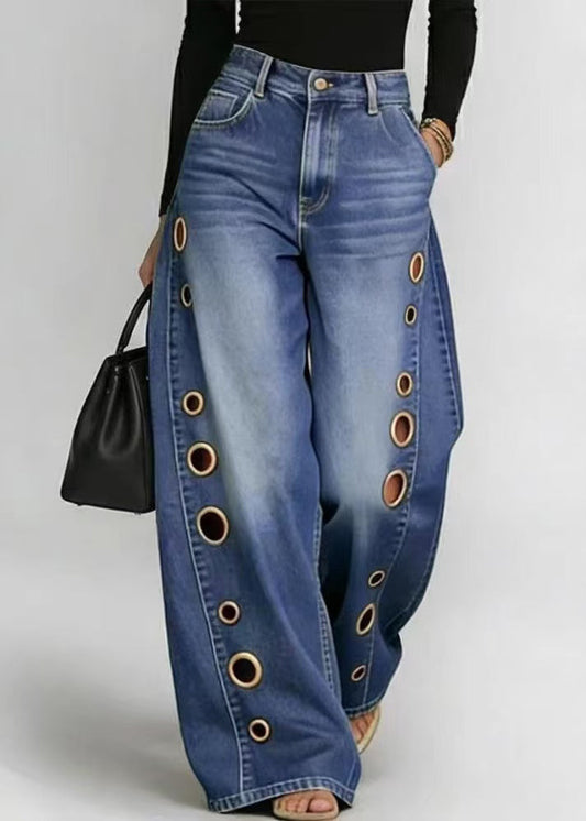 Plus Size Blue Oversized Hollow Out Denim Wide Leg Pants Fall