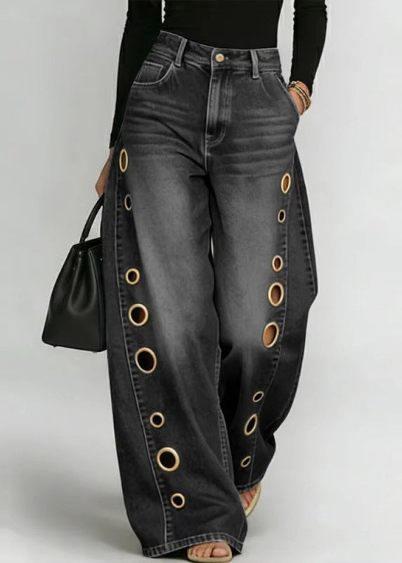 Plus Size Blue Oversized Hollow Out Denim Wide Leg Pants Fall