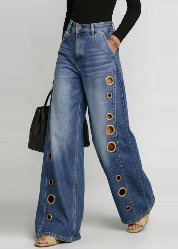 Plus Size Blue Oversized Hollow Out Denim Wide Leg Pants Fall