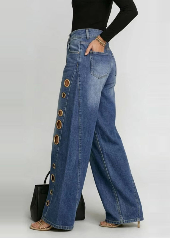Plus Size Blue Oversized Hollow Out Denim Wide Leg Pants Fall