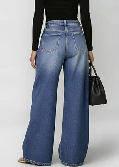 Plus Size Blue Oversized Hollow Out Denim Wide Leg Pants Fall
