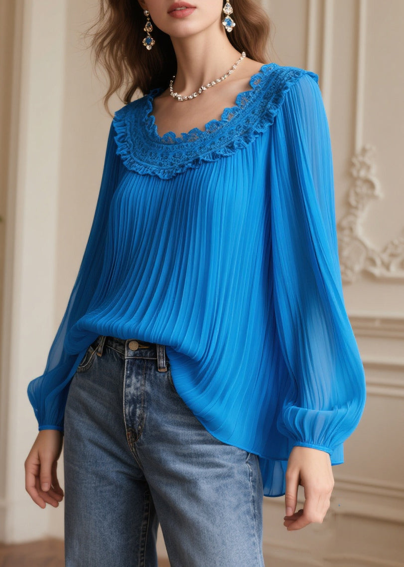 Plus Size Blue Oversized Patchwork Wrinkled Chiffon Blouses Spring
