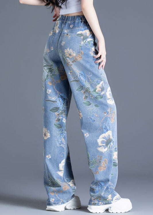 Plus Size Blue Oversized Print Denim Straight Pants Spring