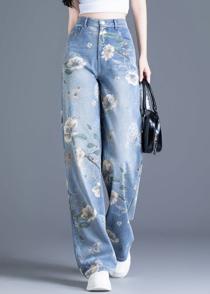 Plus Size Blue Oversized Print Denim Straight Pants Spring