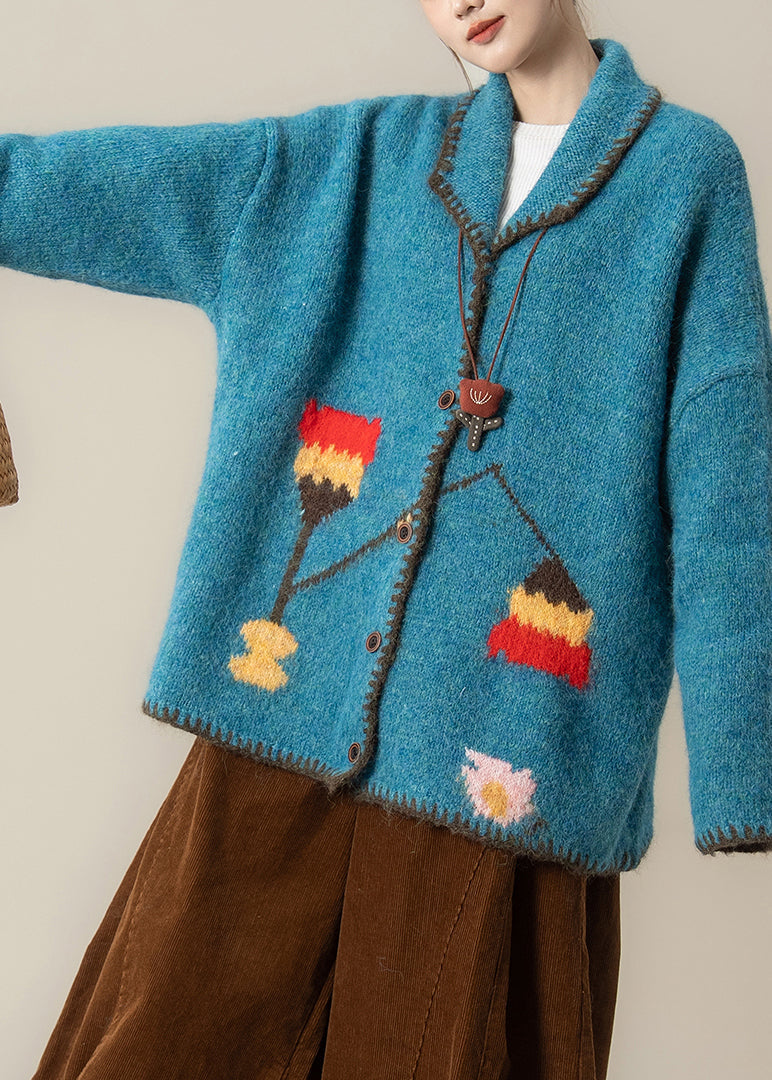 Plus Size Blue Oversized Print Knit Loose Jacket Winter