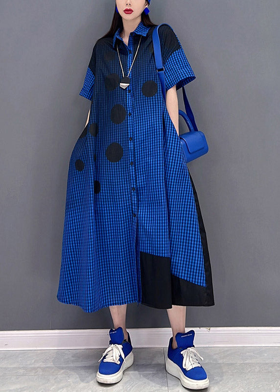 Plus Size Blue Peter Pan Collar Button Plaid Shirt Dress Short Sleeve