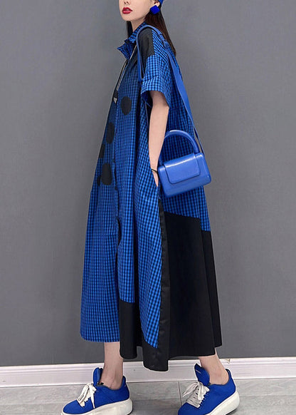 Plus Size Blue Peter Pan Collar Button Plaid Shirt Dress Short Sleeve