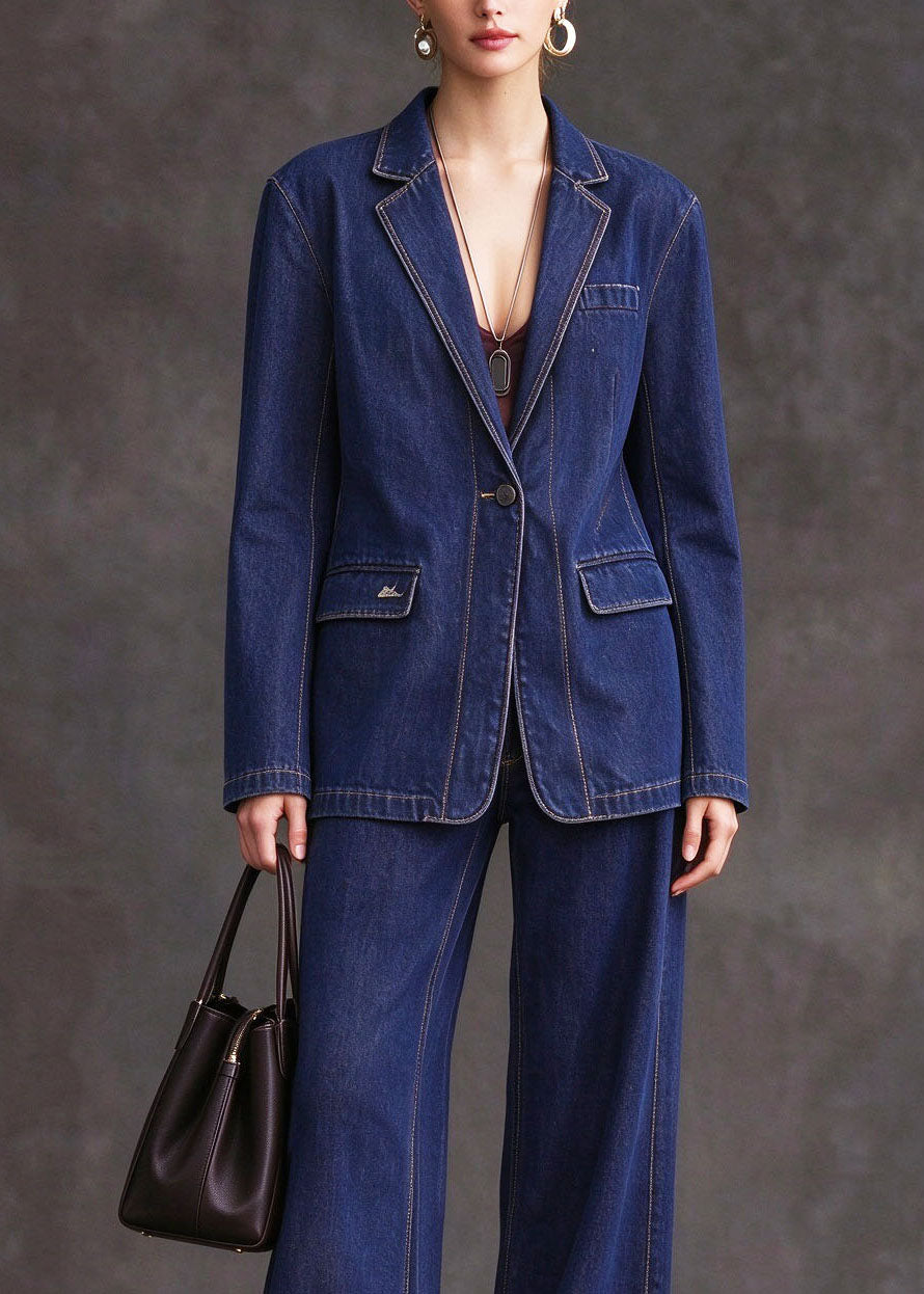 Plus Size Blue Peter Pan Collar Patchwork Denim Two Piece Set Fall
