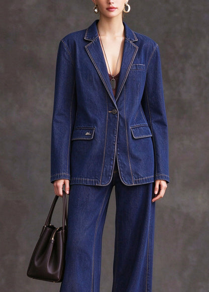 Plus Size Blue Peter Pan Collar Patchwork Denim Two Piece Set Fall